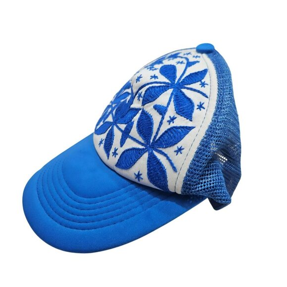 Blue & White Embroidered Trucker Hat With Mesh Back & Adjustable Snap Cl - Picture 6 of 6
